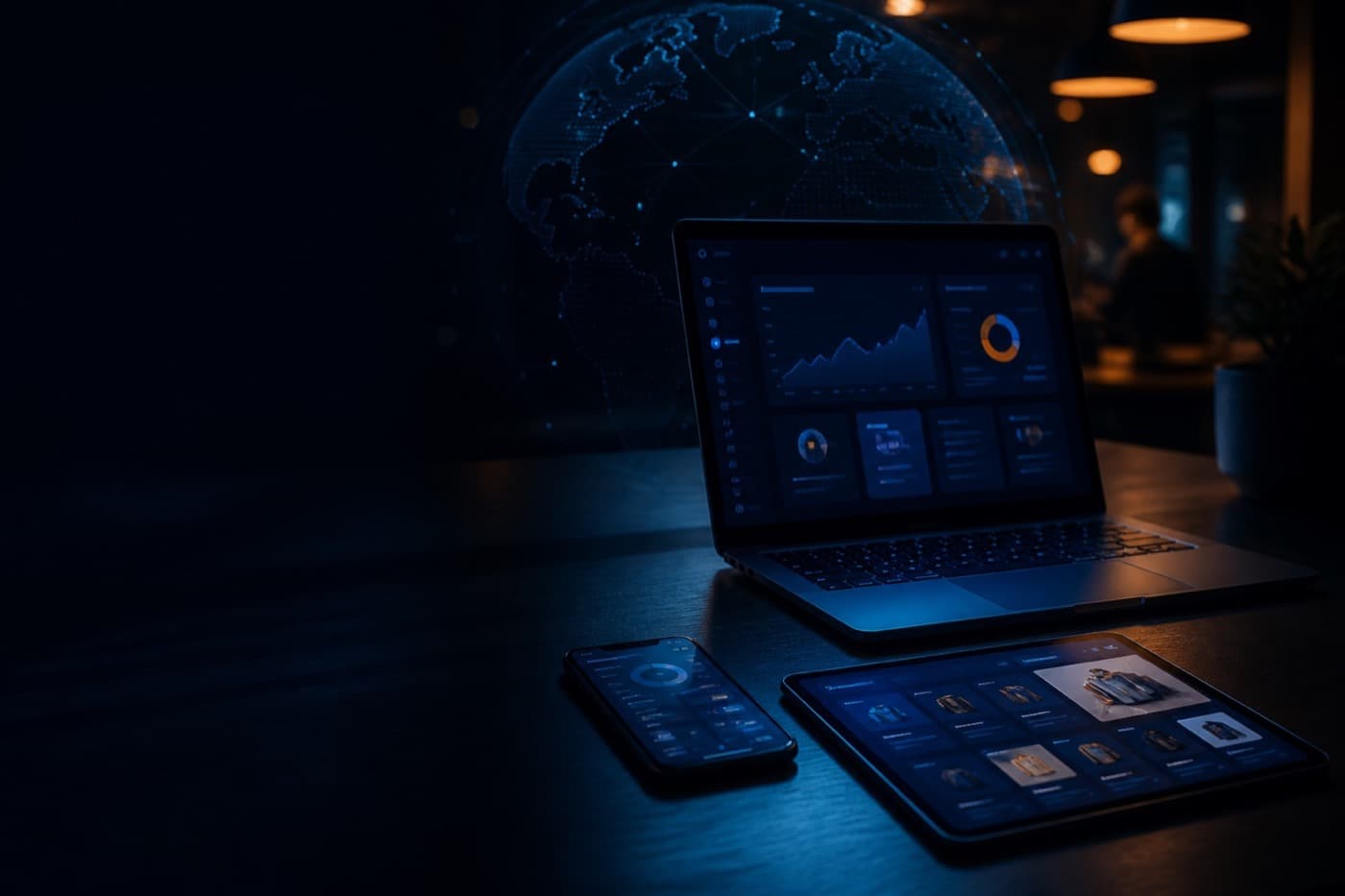 Shipped product work on laptop, tablet, and phone — case studies built for real-world impact